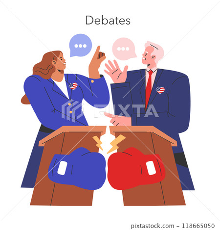 Election race concept. Political candidates engaged in a heated debate with symbolic boxing gloves. Electoral competition and public speaking event. Vector illustration. 118665050