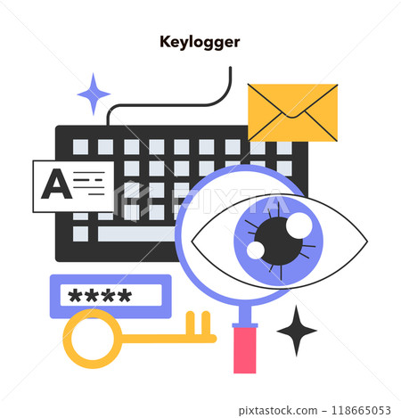 Keylogger. Keystroke logging, dangerous malware recording the keys struck on a keyboard. Malicious spy software recording keystrokes and tracking online activity. Flat vector illustration Keylogger. Keystroke logging, dangerous malware recording the keys struck on a keyboard. Malicious spy software recording keystrokes and tracking online activity. Flat vector illustration 118665053