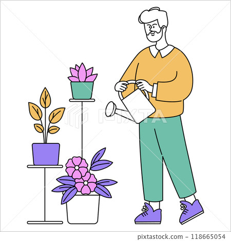 Indoor Gardening concept. A content man tending to his houseplants with a watering can. Home relaxation and plant care routine. Vector illustration. Indoor Gardening concept. A content man tending to his houseplants with a watering can. Home relaxation and plant care routine. Vector illustration. 118665054