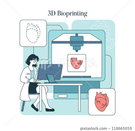 3D Bioprinting concept. A scientist operates a bioprinter creating artificial organs, showcasing innovation in medical technology. Vector illustration. 3D Bioprinting concept. A scientist operates a bioprinter creating artificial organs, showcasing innovation in medical technology. Vector illustration. 118665059