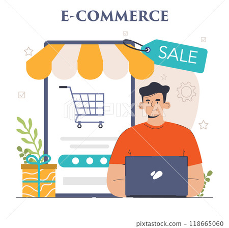 E-store and e-commerce. Entrepreneur selling goods and gaining profit on digital platform. Brand development and online promotion. Dropshipping business model. Flat vector illustration 118665060