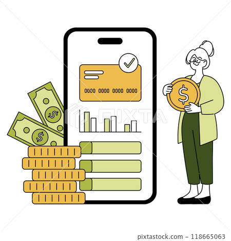 Financial Technology concept. Senior businesswoman with digital banking app and savings. Secure online transactions and investment growth. Vector illustration. 118665063