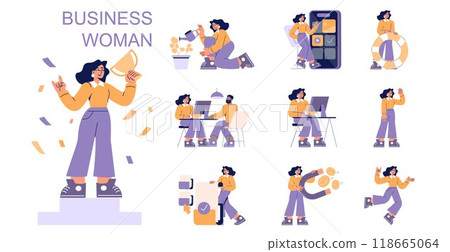 Businesswoman set. Female entrepreneur engaging in various professional activities. Career growth, effective communication, and time management. Vector illustration. Businesswoman set. Female entrepreneur engaging in various professional activities. Career growth, effective communication, and time management. Vector illustration. 118665064