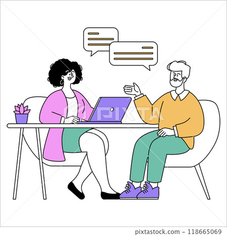 Business meeting concept. Colleagues discuss project at a desk with laptop. Professional conversation and teamwork. Vector illustration. 118665069
