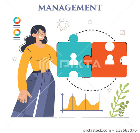 Management. Successful strategy development and business planning. Motivation and leadership. Project manager, company ceo idea. Flat vector illustration Management. Successful strategy development and business planning. Motivation and leadership. Project manager, company ceo idea. Flat vector illustration 118665070