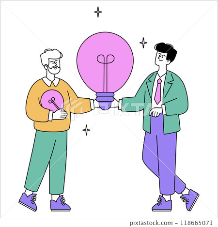 Idea exchange concept. Two businessmen sharing a large lightbulb, representing collaboration and innovation. Partnership and creativity in business. Vector illustration. Idea exchange concept. Two businessmen sharing a large lightbulb, representing collaboration and innovation. Partnership and creativity in business. Vector illustration. 118665071