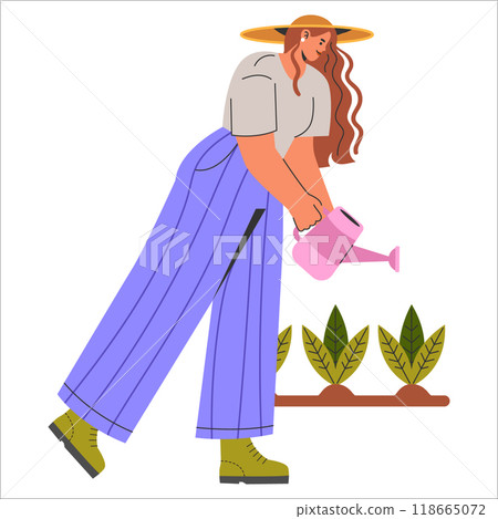 Gardening woman concept. A female character nurturing plants with a watering can. Nature care, sustainable living, and urban gardening. Vector illustration. Gardening woman concept. A female character nurturing plants with a watering can. Nature care, sustainable living, and urban gardening. Vector illustration. 118665072