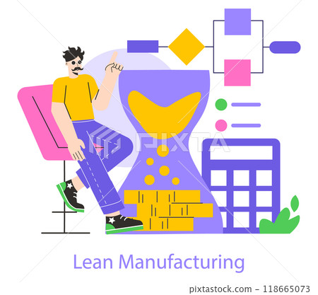 Lean Manufacturing concept. Efficient production workflow optimization. Man with time management, process improvement chart and calculator. Vector illustration. 118665073