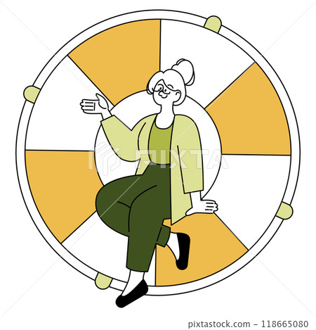 Older Businesswoman concept. Experienced professional woman presenting with confidence. Leadership, success, and corporate expertise representation. Vector illustration. 118665080