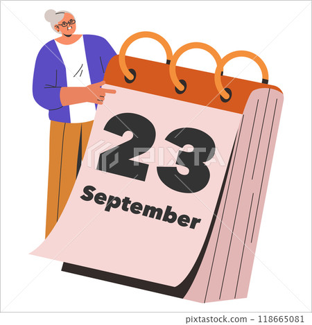 Planning concept. A businesswoman interacts with a giant calendar marking an important date. Event scheduling and time management. Vector illustration. 118665081