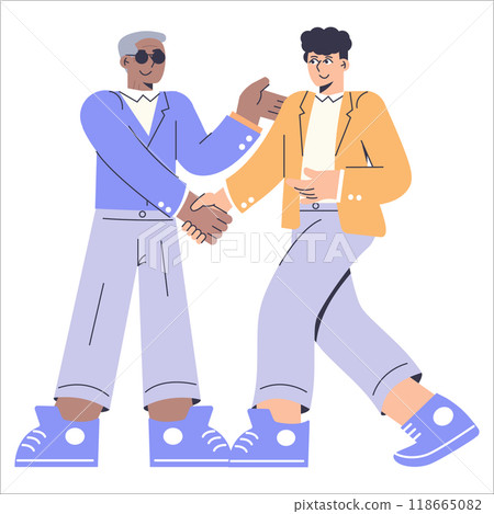 Diversity and inclusion theme with businessmen of different ethnicities shaking hands in agreement. Professional partnership in modern workplace illustrated. Vector illustration. 118665082