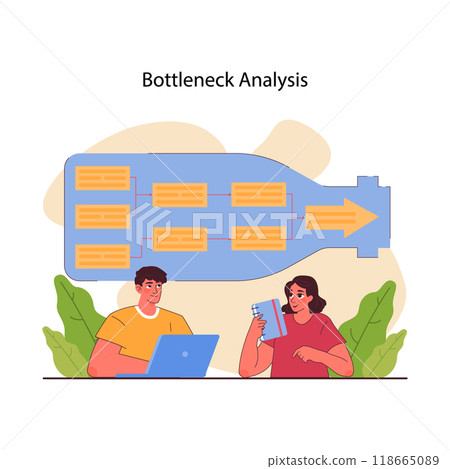 Bottleneck analysis. Business processes optimization. Identification of constraints and inefficiencies in a company for better business optimization, development and growth. Flat vector illustration Bottleneck analysis. Business processes optimization. Identification of constraints and inefficiencies in a company for better business optimization, development and growth. Flat vector illustration 118665089