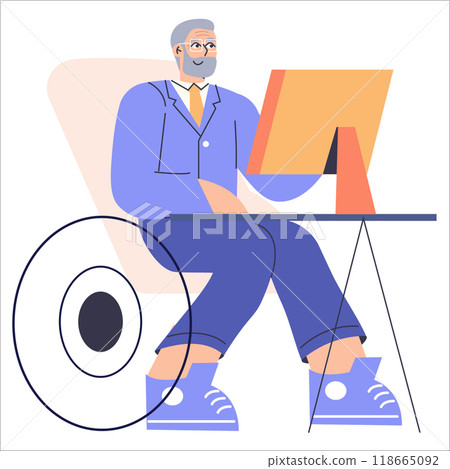 Mature businessman working at desk with modern computer. Representation of professional diversity and experience in the workplace. Vector illustration. 118665092