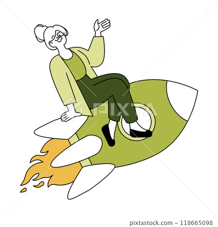 Energetic senior businesswoman riding a rocket, symbolizing business growth and career success. Inspiring entrepreneurship. Vector illustration. Energetic senior businesswoman riding a rocket, symbolizing business growth and career success. Inspiring entrepreneurship. Vector illustration. 118665098