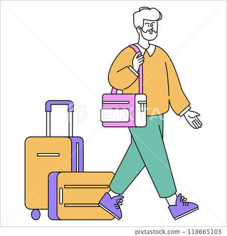 Traveling businessman concept. A corporate professional walks with luggage, ready for a business trip. Mobile executive on the go. Vector illustration. 118665103