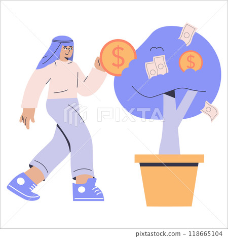 Investment growth concept. Businessman nurturing a money tree, a metaphor for financial success and strategic wealth accumulation. Vector illustration. Investment growth concept. Businessman nurturing a money tree, a metaphor for financial success and strategic wealth accumulation. Vector illustration. 118665104