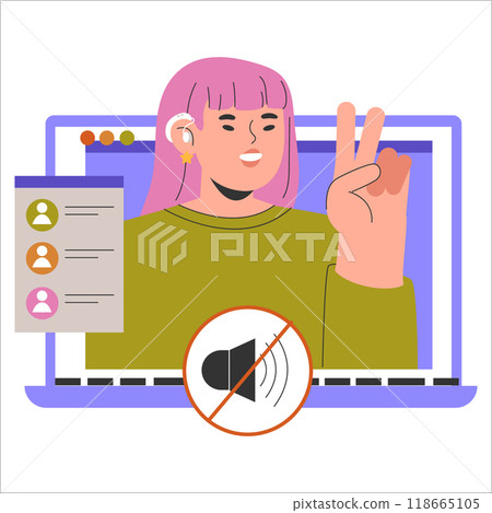 Diversity Businesswoman concept. A cheerful woman with pink hair giving a peace sign on a video conference, mute icon present. Virtual professional communication. Vector illustration. 118665105
