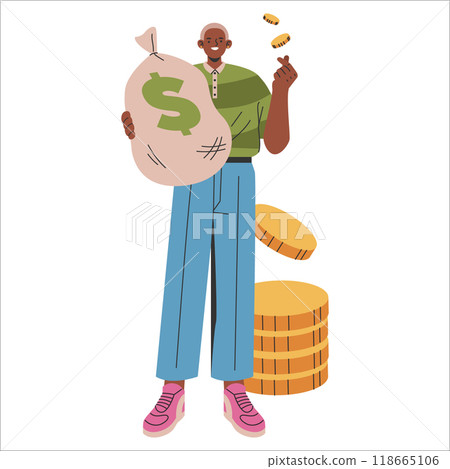 Confident businessman holding a money bag and coins, portraying financial success and growth. Achieving wealth concept in modern attire. Vector illustration. Confident businessman holding a money bag and coins, portraying financial success and growth. Achieving wealth concept in modern attire. Vector illustration. 118665106