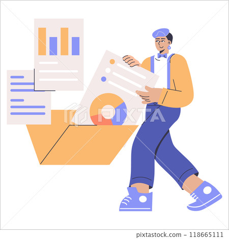Diversity Businessman concept. An inclusive businessman analyzes growth charts. Professional presentation of statistics, inclusive corporate environment. Vector illustration. 118665111