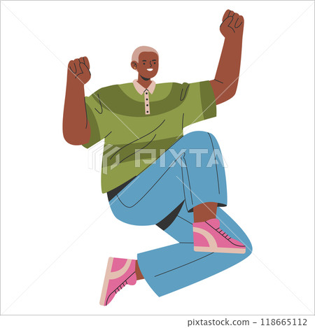 Young Businessman concept. A confident male figure celebrates success with a raised fist gesture. Success, achievement, and enthusiasm vibes. Vector illustration. 118665112
