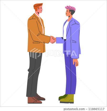 Diversity Businesswoman concept. Two professionals in an inclusive workplace, engaging in a firm handshake. Gender diversity in business attire. Vector illustration. 118665117