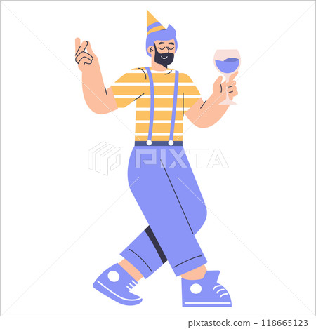 Celebration concept. Cheerful man in party hat dancing with glass of wine. Joyous event, festive mood, and party vibes. Vector illustration. 118665123