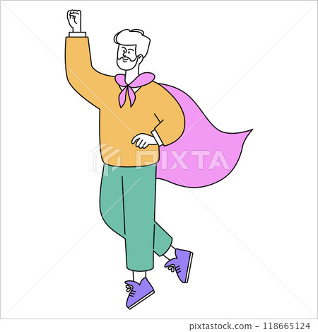 Confident businessman concept. A man in casual attire embodies leadership with a superhero cape, gesturing success. Vector illustration. Confident businessman concept. A man in casual attire embodies leadership with a superhero cape, gesturing success. Vector illustration. 118665124