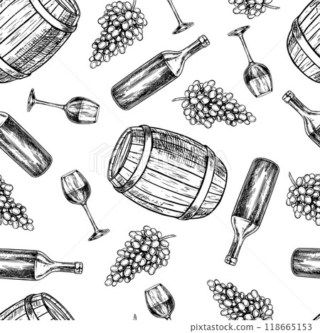 Seamless pattern with the image of wine. A wine barrel, a bottle, a wine glass and grapes. A graphic vector illustration drawn by hand. On a white background. For packaging, label, textiles and more. 118665153