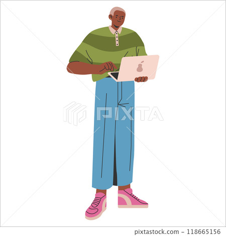 Young businessman concept. Modern professional working on a laptop. Urban entrepreneur in casual attire with tech gadget. Vector illustration. Young businessman concept. Modern professional working on a laptop. Urban entrepreneur in casual attire with tech gadget. Vector illustration. 118665156