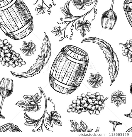 Seamless pattern with the image of wine. A wine barrel, grapes and a vine. A graphic vector illustration drawn by hand. On a white background. For packaging and label, banners, textiles and more 118665159