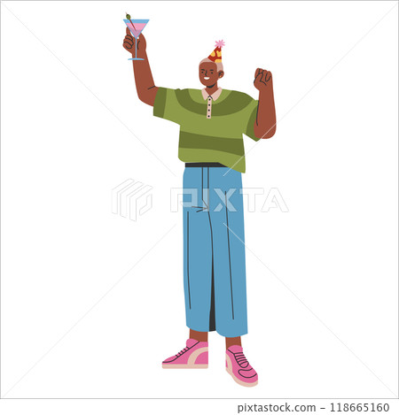 Young businessman celebrating success with a cocktail, wearing a party hat. Success and celebration concept. Vector illustration. Young businessman celebrating success with a cocktail, wearing a party hat. Success and celebration concept. Vector illustration. 118665160