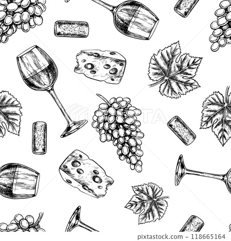 Seamless pattern with wine. A wine glass with cheese and grapes. A graphic vector illustration drawn by hand. On a white background. For packaging and label design. For banners and posters, textiles. 118665164