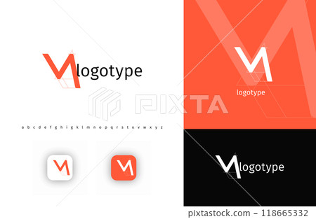 Minimalistic geometric letter M monogram for blueprint project, architectural building, futuristic technology, innovative science. Modern logo concept. Vector illustration 118665332