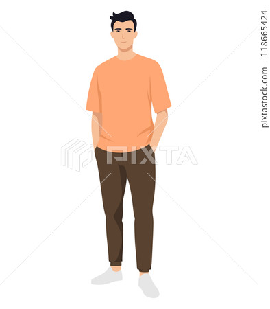 Vector illustration of a man in an orange t-shirt and dark pants Vector illustration of a man in an orange t-shirt and dark pants 118665424