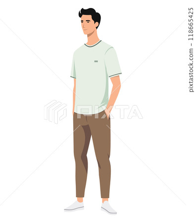 A man in a white t-shirt and brown pants, finished off with white sneakers. Minimalist style. 118665425