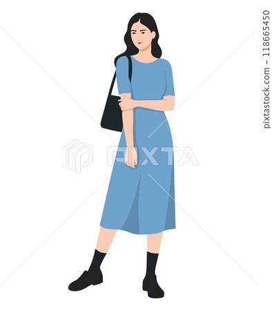 Vector illustration of a girl in a blue dress, black shoes and with a black backpack. Stylish and feminine look. 118665450