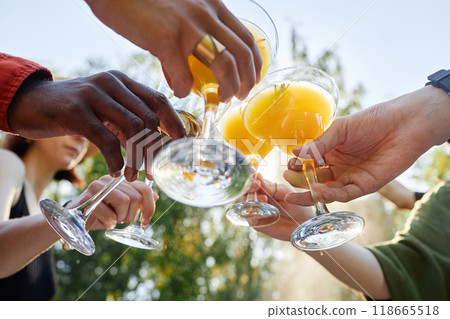 Group of friends raising glasses filled with orange juice, enjoying outdoor celebration on sunny day with greenery in background 118665518