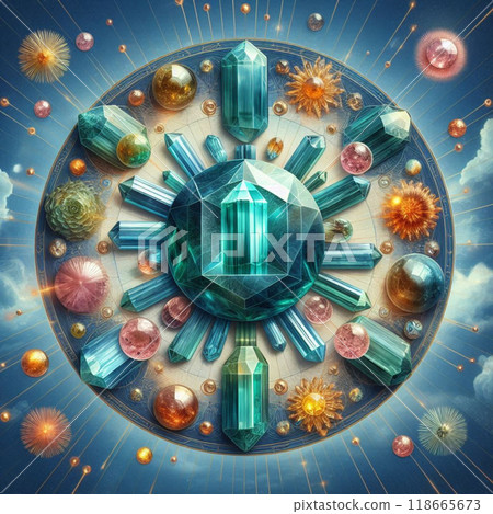 A radiant tourmaline gemstone, symbolizing October birthstone, shines with vibrant hues of green, pink, and blue, set against a celestial backdrop 118665673