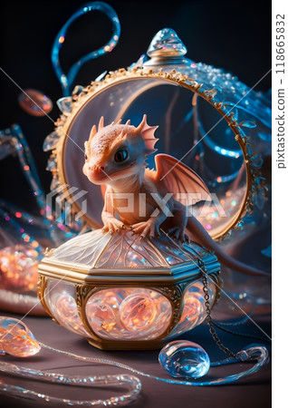 adorable cutest peach dragon kid guarding treasure box. Digital artwork.  AI generated 118665832