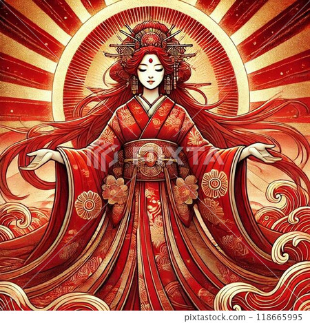 天照大神站在太陽的背景下 天照大神站在太陽的背景下 118665995