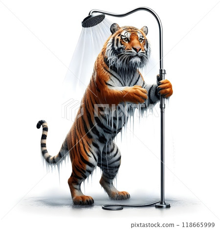 A majestic tiger stands on two legs in a modern white bathroom, taking a shower under a stream of water. The scene humorously blends nature with everyday human routines, showcasing the tiger as both p 118665999