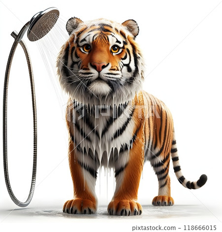 A majestic tiger stands on two legs in a modern white bathroom, taking a shower under a stream of water. The scene humorously blends nature with everyday human routines, showcasing the tiger as both p 118666015