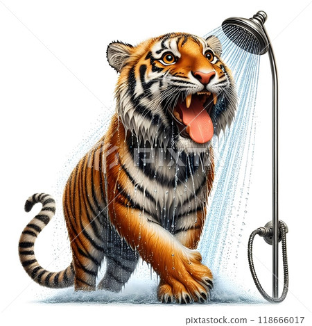 A majestic tiger stands on two legs in a modern white bathroom, taking a shower under a stream of water. The scene humorously blends nature with everyday human routines, showcasing the tiger as both p 118666017