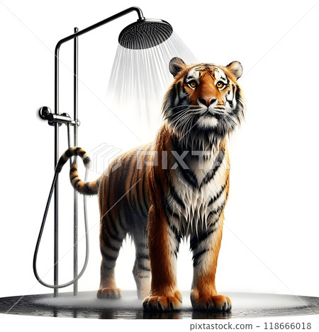 A majestic tiger stands on two legs in a modern white bathroom, taking a shower under a stream of water. The scene humorously blends nature with everyday human routines, showcasing the tiger as both p 118666018