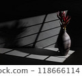 Elegant ceramic vase with red flowers in dramatic lighting 118666114
