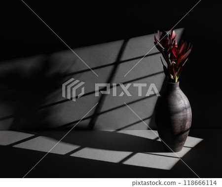 Elegant ceramic vase with red flowers in dramatic lighting Elegant ceramic vase with red flowers in dramatic lighting 118666114