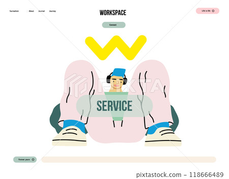 Creative workspace, modern flat vector concept illustration of a man working sitting with a computer with headphones Remote work, flexibility, independence, efficiency, mobility, synergy, freedom 118666489