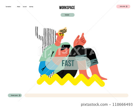 Creative workspace, modern flat vector concept illustration of a man working sitting with a computer under the tree Remote work, flexibility, independence, efficiency, mobility, synergy, freedom 118666493