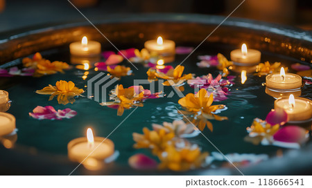 Tranquil evening setting with floating petals and candles in a serene water bowl. Tranquil evening setting with floating petals and candles in a serene water bowl. 118666541