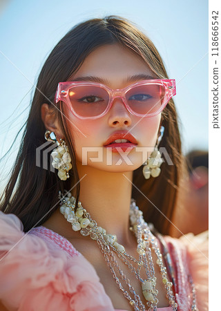 Stylish young woman showcases bold accessories on a sunny day Stylish young woman showcases bold accessories on a sunny day 118666542